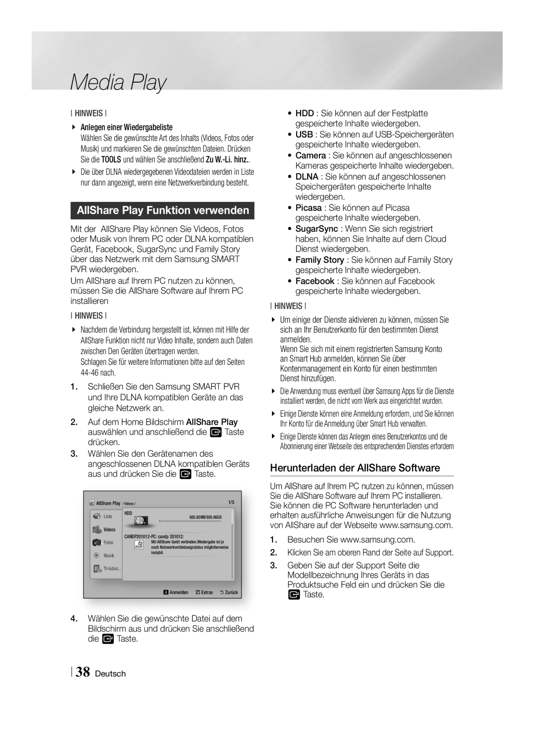 Samsung STB-E7500/EN AllShare Play Funktion verwenden, Herunterladen der AllShare Software, Anlegen einer Wiedergabeliste 