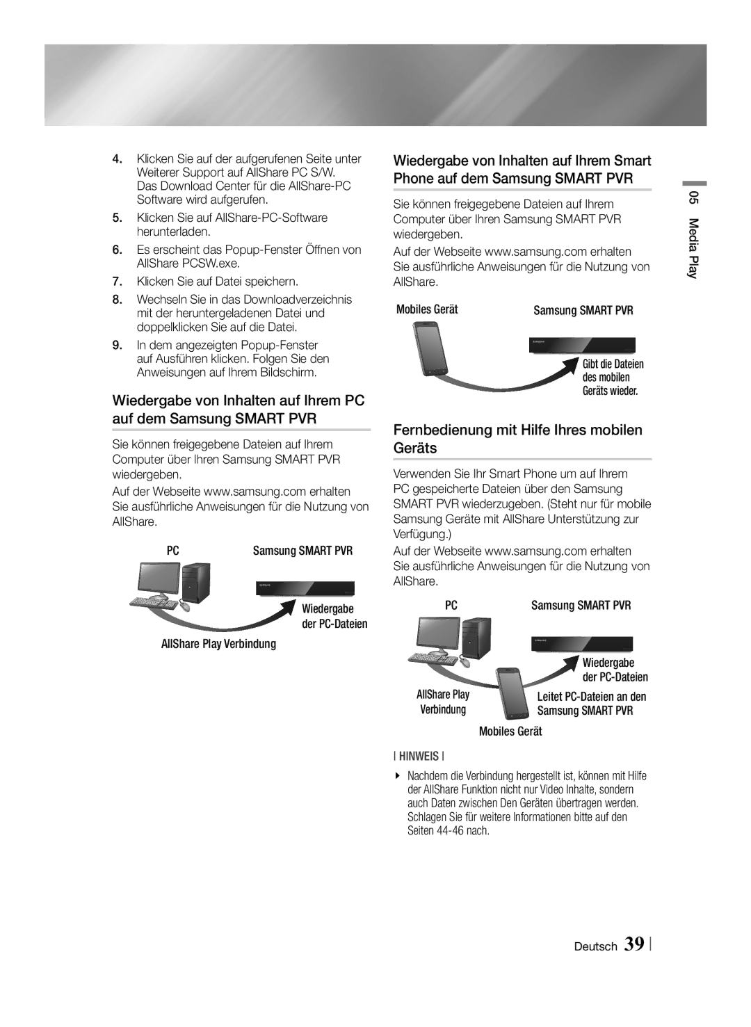 Samsung STB-E7900/EN manual Fernbedienung mit Hilfe Ihres mobilen Geräts, Media Play Deutsch, Samsung Smart PVR, Wiedergabe 