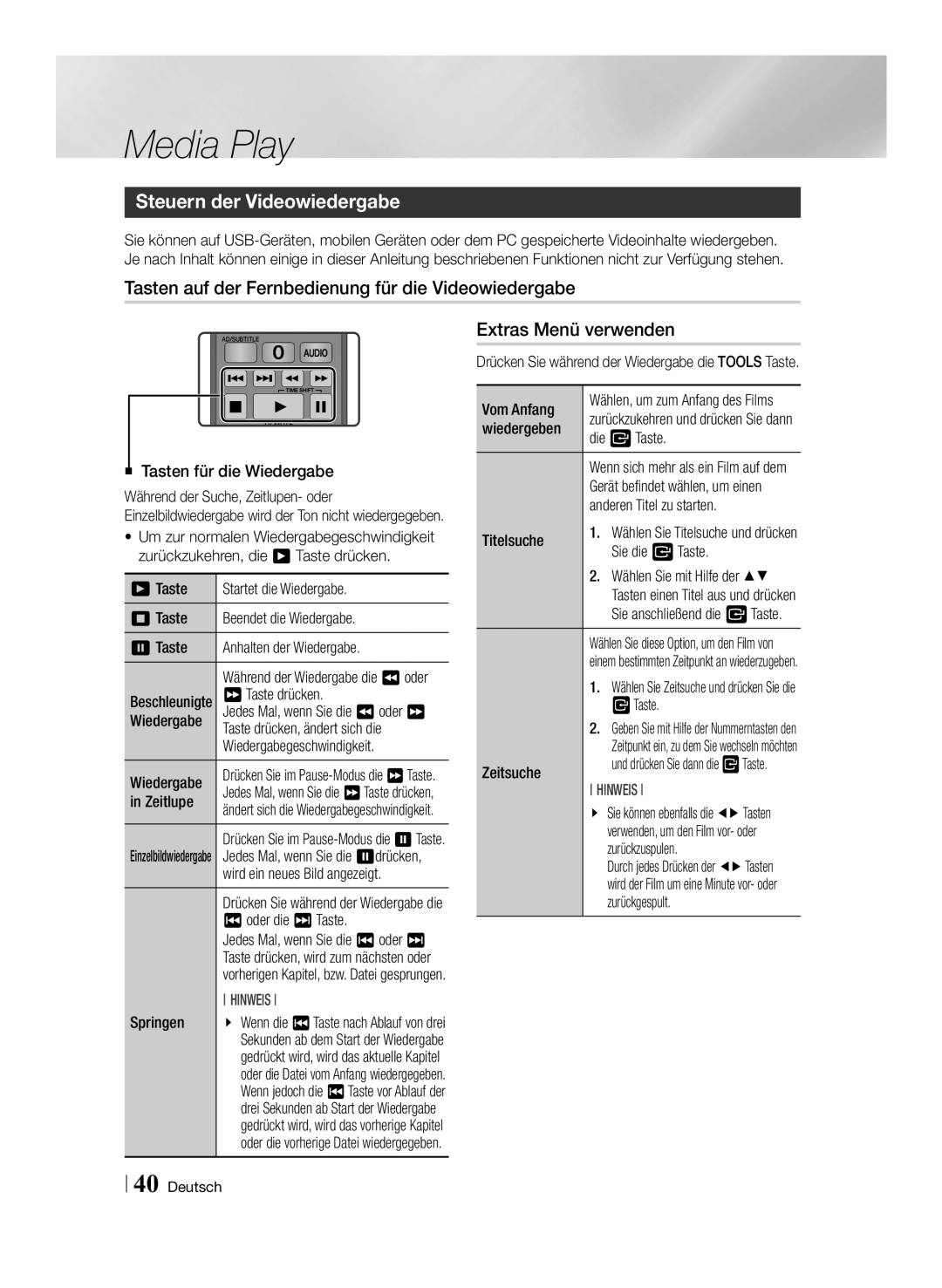 Samsung STB-E7500/EN, STB-E7900/EN manual Steuern der Videowiedergabe, Tasten auf der Fernbedienung für die Videowiedergabe 