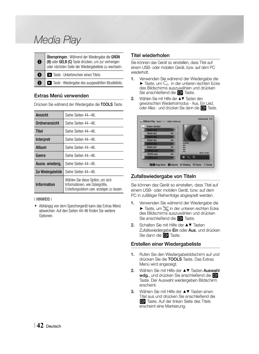 Samsung STB-E7500/EN, STB-E7900/EN manual Titel wiederholen, Zufallswiedergabe von Titeln, Erstellen einer Wiedergabeliste 