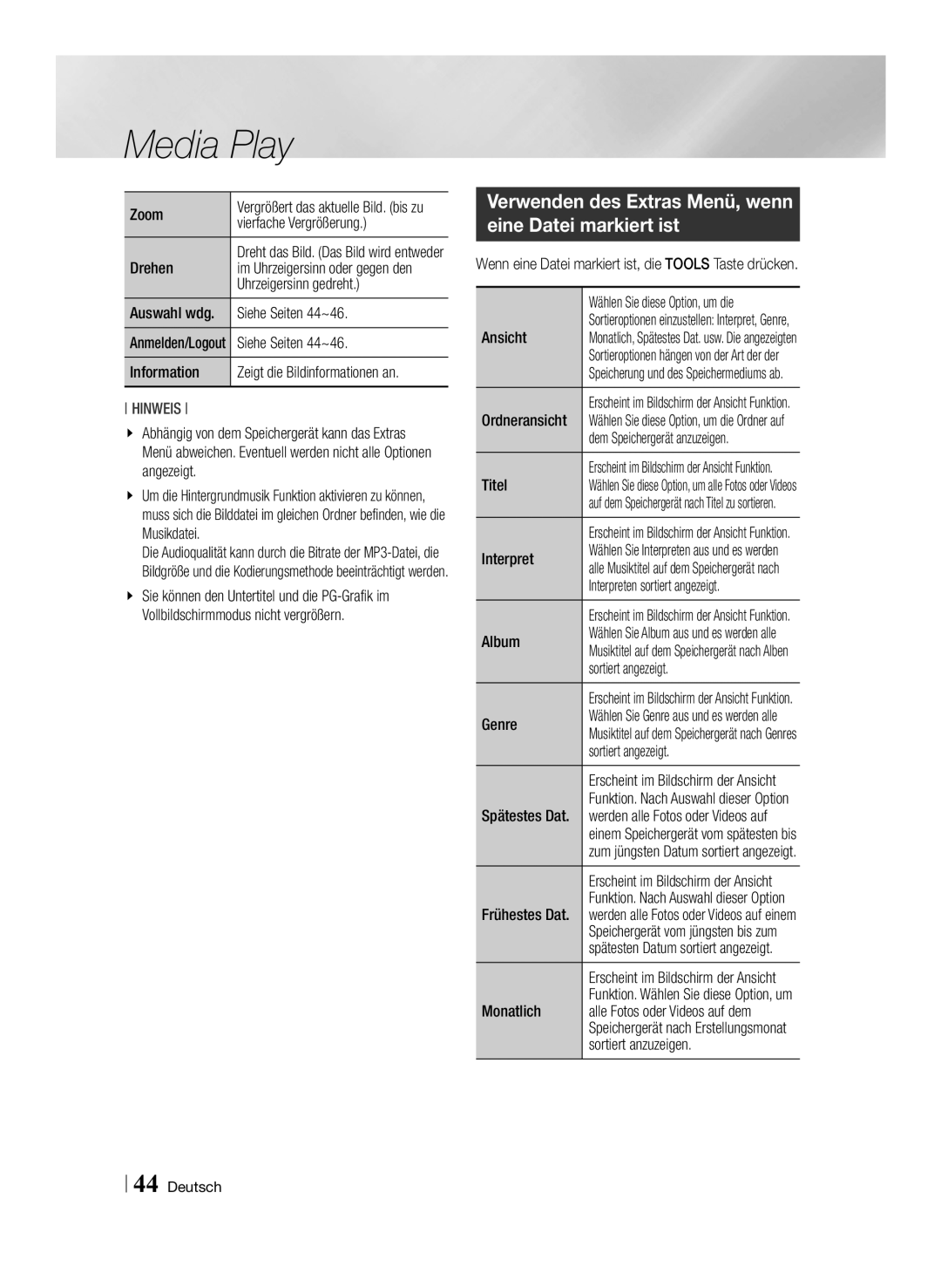 Samsung STB-E7500/EN, STB-E7900/EN manual Verwenden des Extras Menü, wenn eine Datei markiert ist 