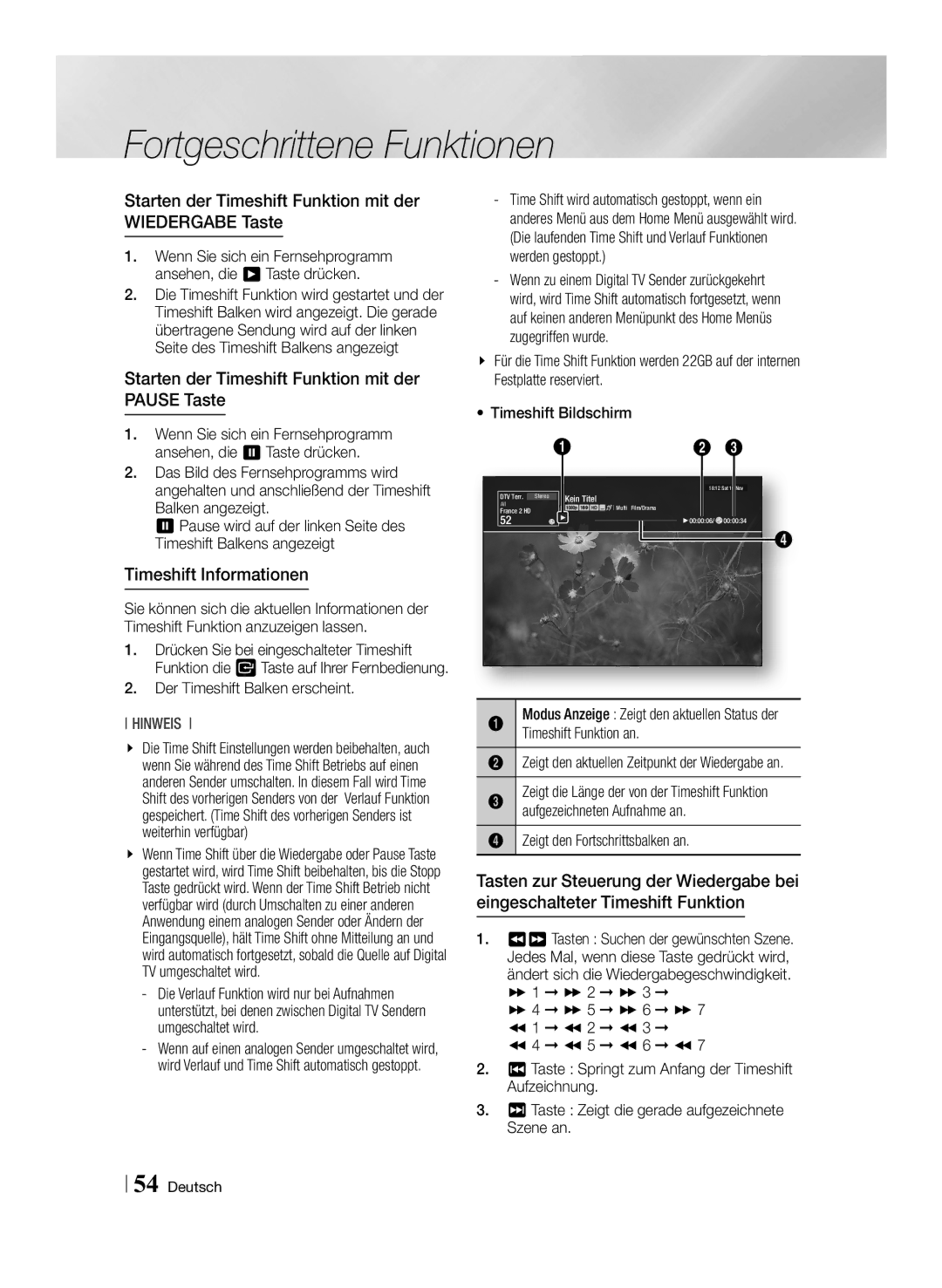 Samsung STB-E7500/EN, STB-E7900/EN manual Starten der Timeshift Funktion mit der Wiedergabe Taste, Timeshift Informationen 