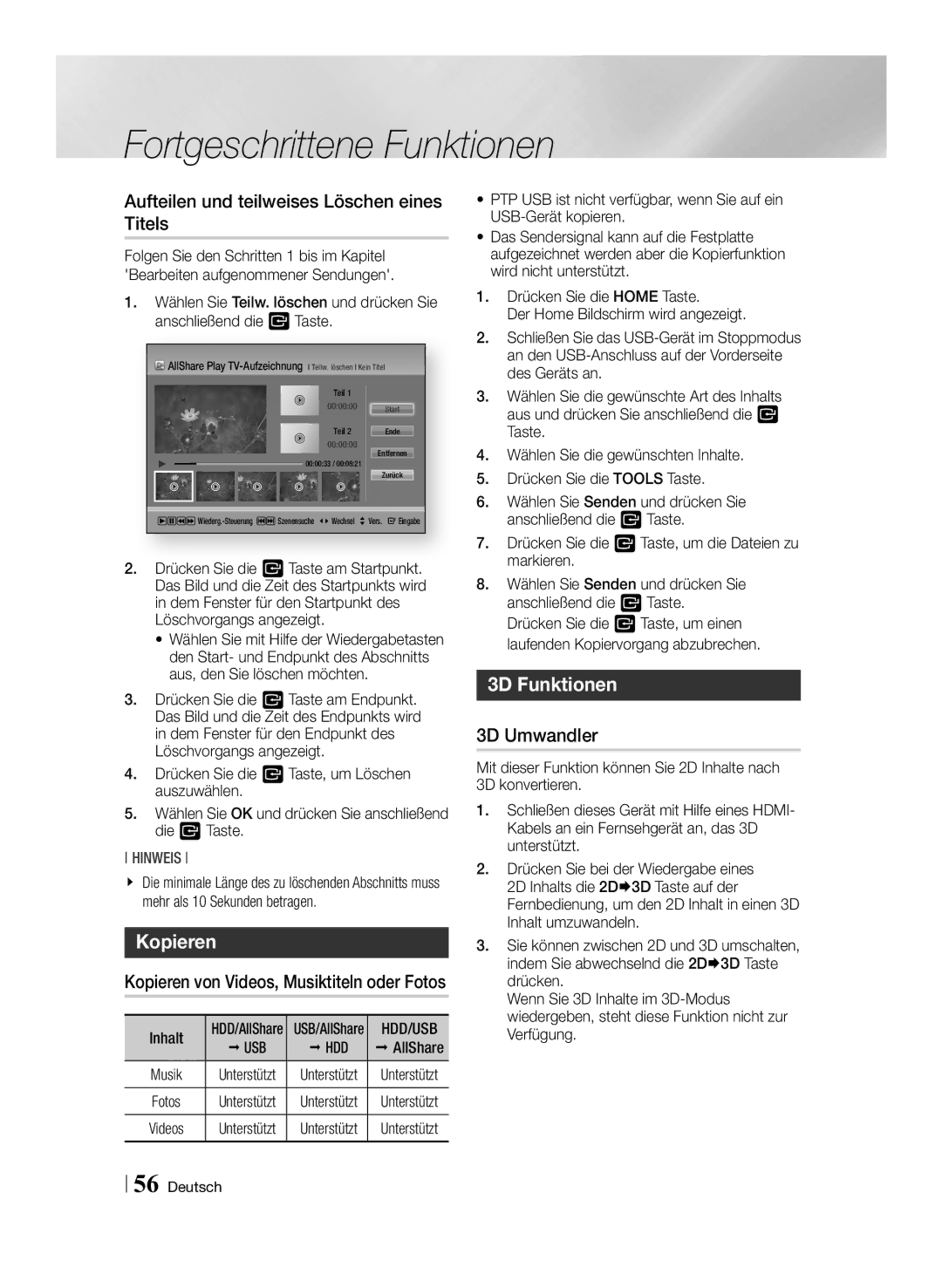 Samsung STB-E7500/EN, STB-E7900/EN Aufteilen und teilweises Löschen eines Titels, Kopieren, 3D Funktionen, 3D Umwandler 