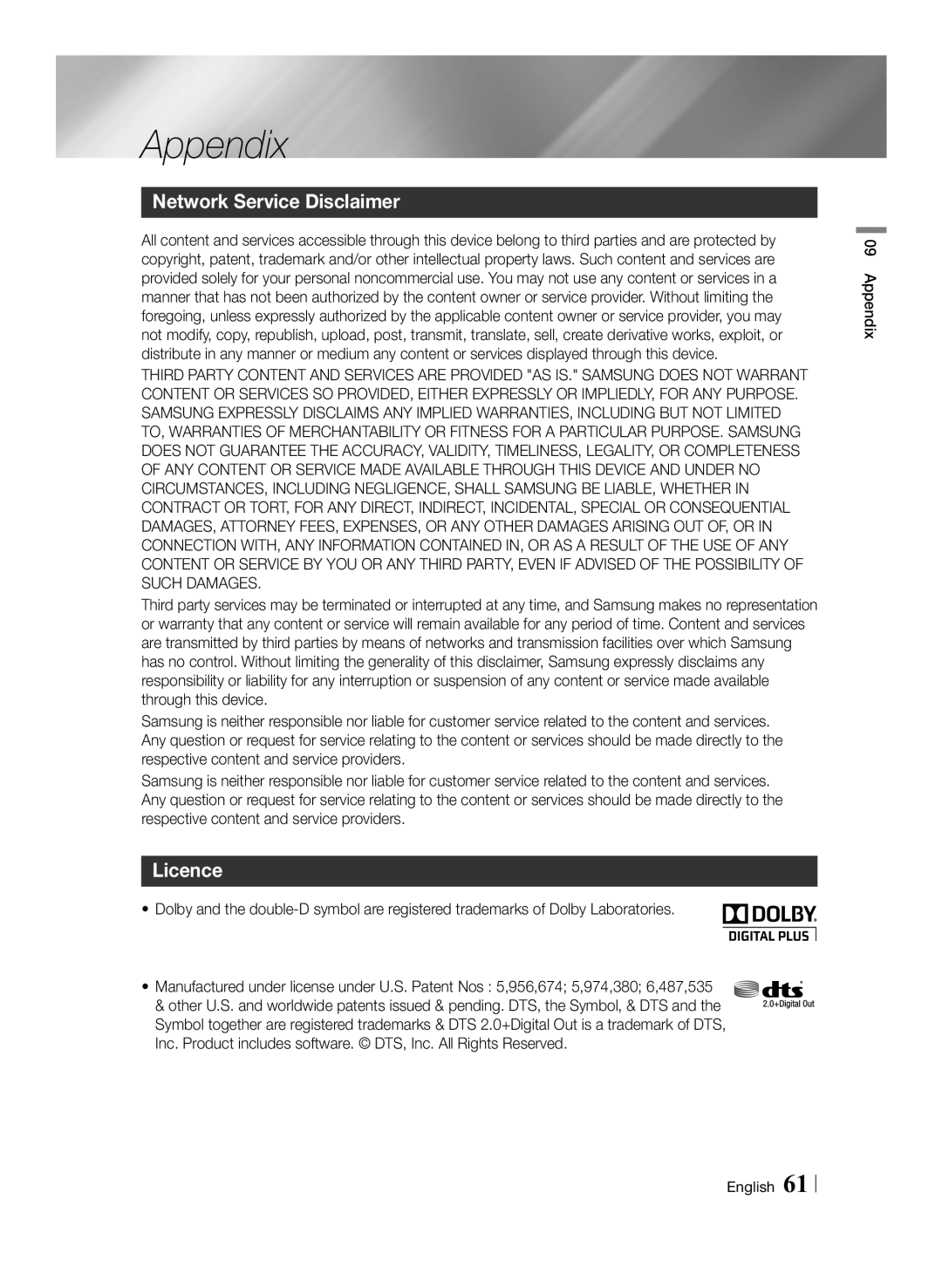 Samsung STB-E7900/EN, STB-E7500/EN manual Network Service Disclaimer, Licence, Appendix English 