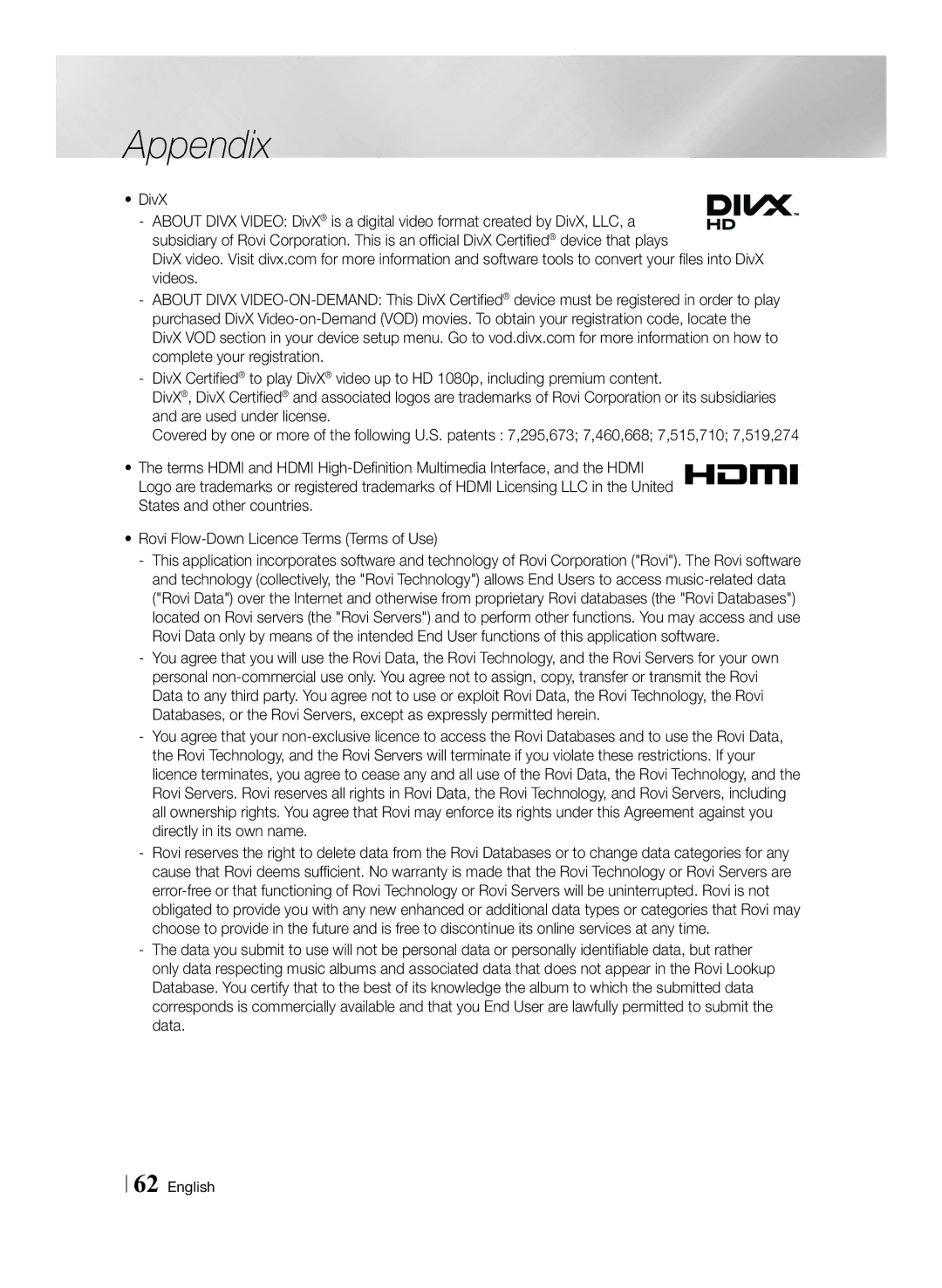 Samsung STB-E7500/EN, STB-E7900/EN manual DivX 