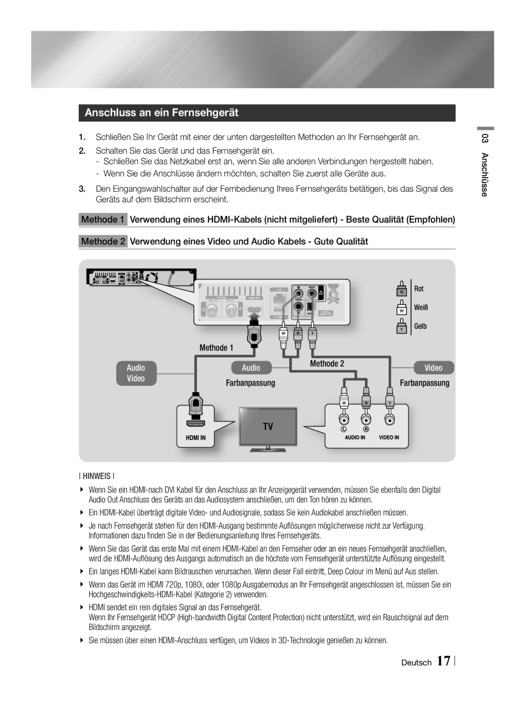 Samsung STB-E7900/EN, STB-E7500/EN manual Anschluss an ein Fernsehgerät, Farbanpassung Methode, Anschlüsse 