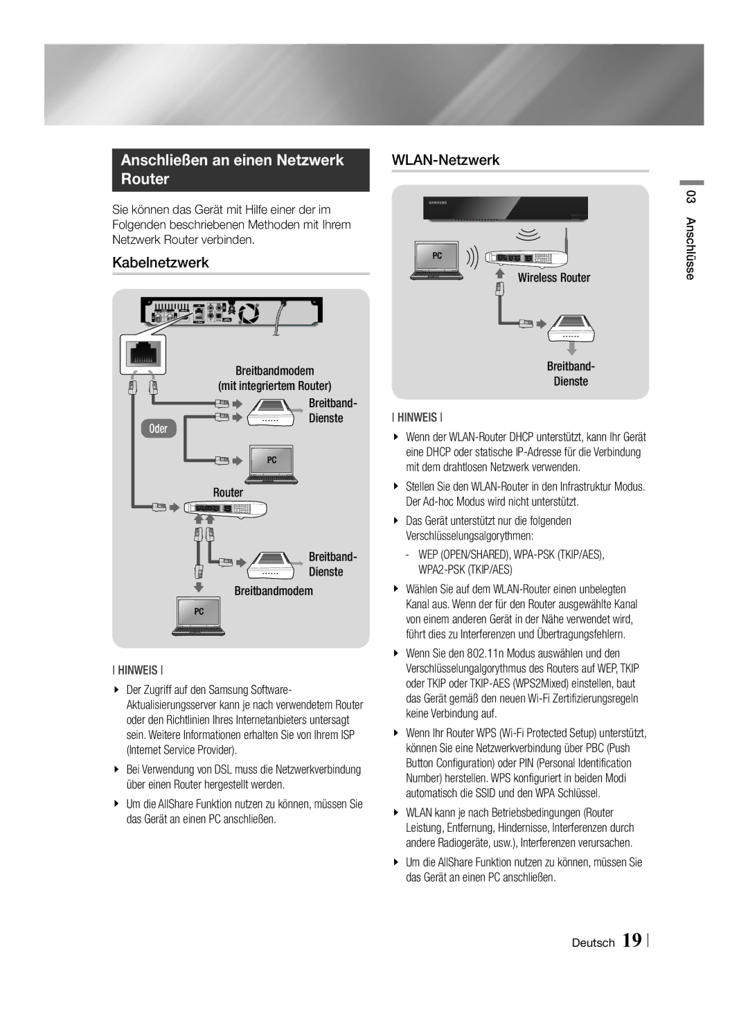 Samsung STB-E7900/EN, STB-E7500/EN manual Anschließen an einen Netzwerk Router, Kabelnetzwerk, WLAN-Netzwerk 