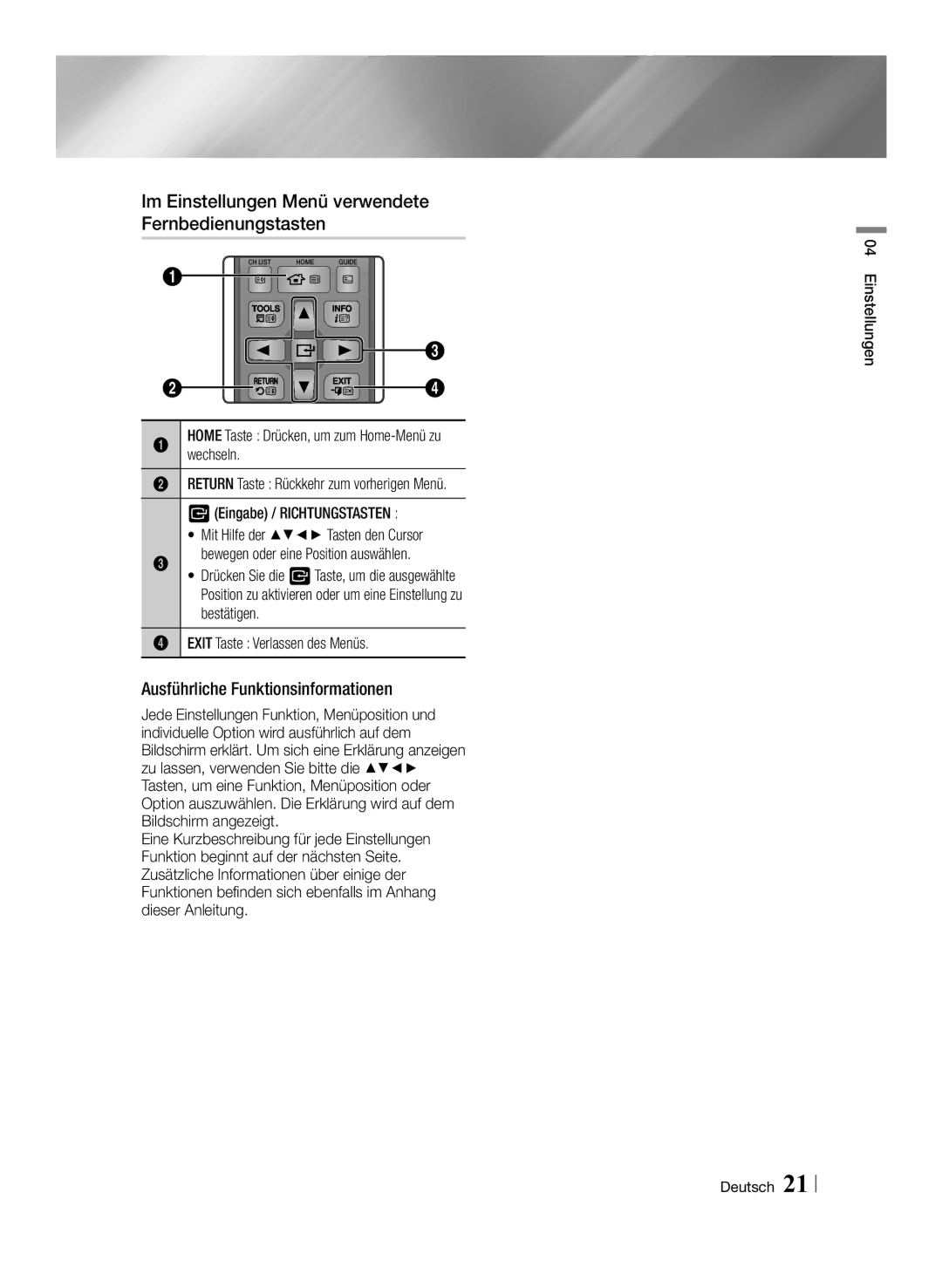 Samsung STB-E7900/EN manual Im Einstellungen Menü verwendete Fernbedienungstasten, Ausführliche Funktionsinformationen 