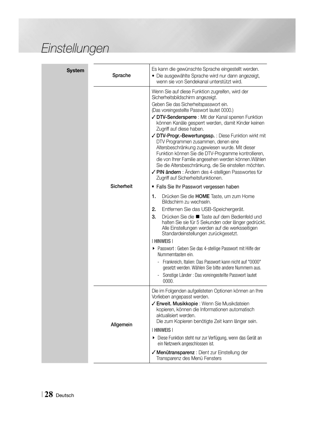 Samsung STB-E7500/EN manual Sprache, Wenn sie von Sendekanal unterstützt wird, Standardeinstellungen zurückgesetzt, 0000 