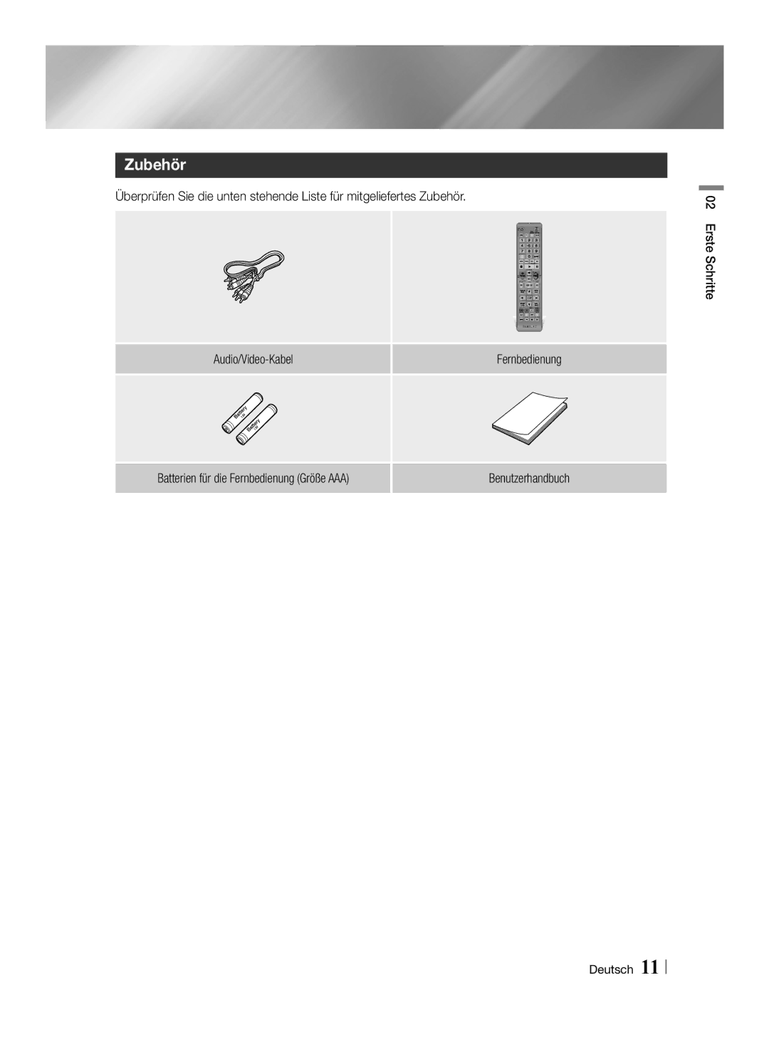 Samsung STB-E7509S/ZG, STB-E7909S/ZG manual Zubehör, Audio/Video-Kabel, Batterien für die Fernbedienung Größe AAA 