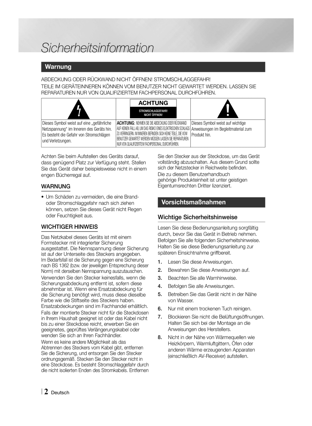 Samsung STB-E7909S/ZG, STB-E7509S/ZG Sicherheitsinformation, Warnung, Vorsichtsmaßnahmen, Wichtige Sicherheitshinweise 