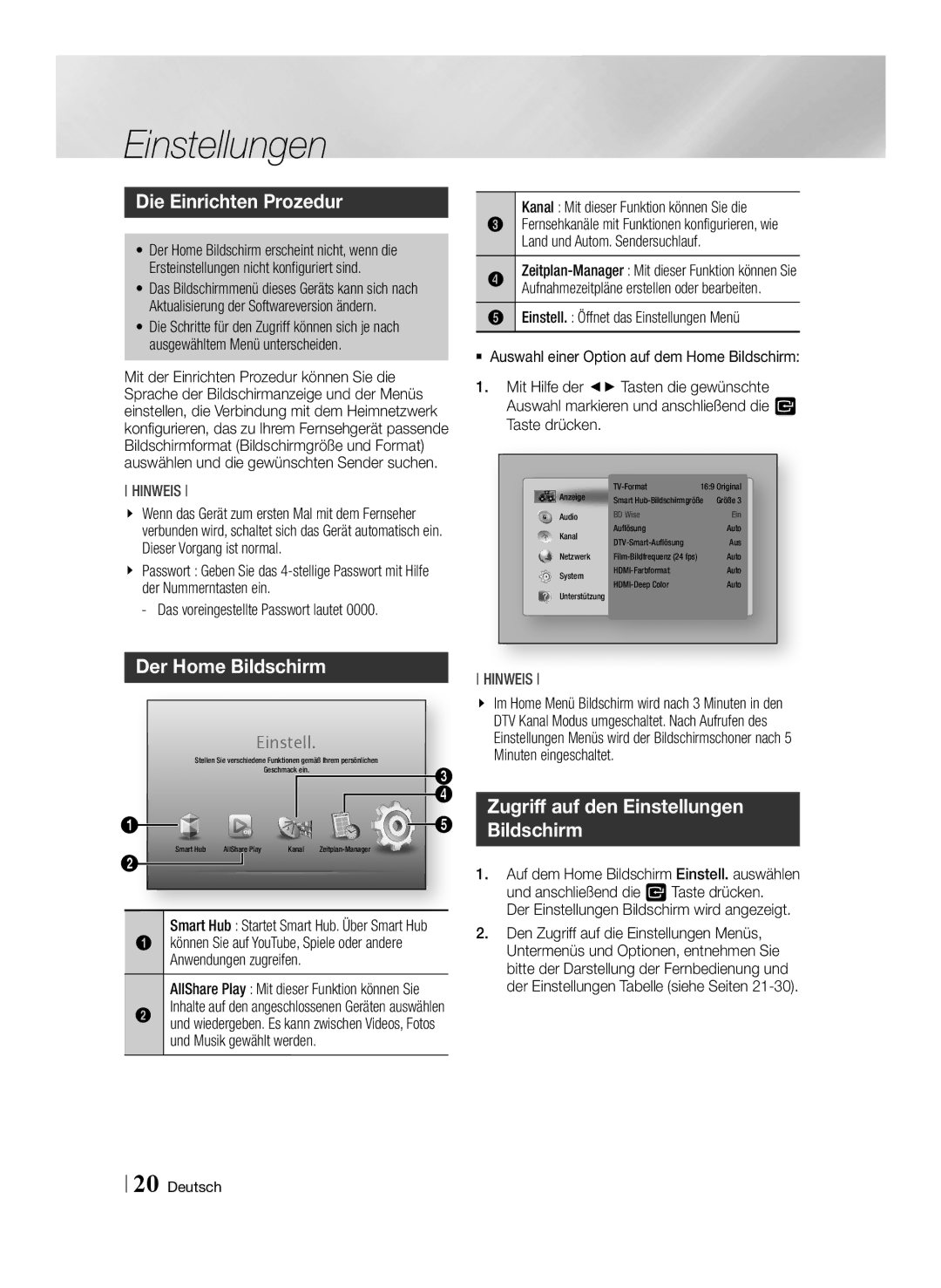 Samsung STB-E7909S/ZG, STB-E7509S/ZG manual Einstellungen, Die Einrichten Prozedur, Der Home Bildschirm 