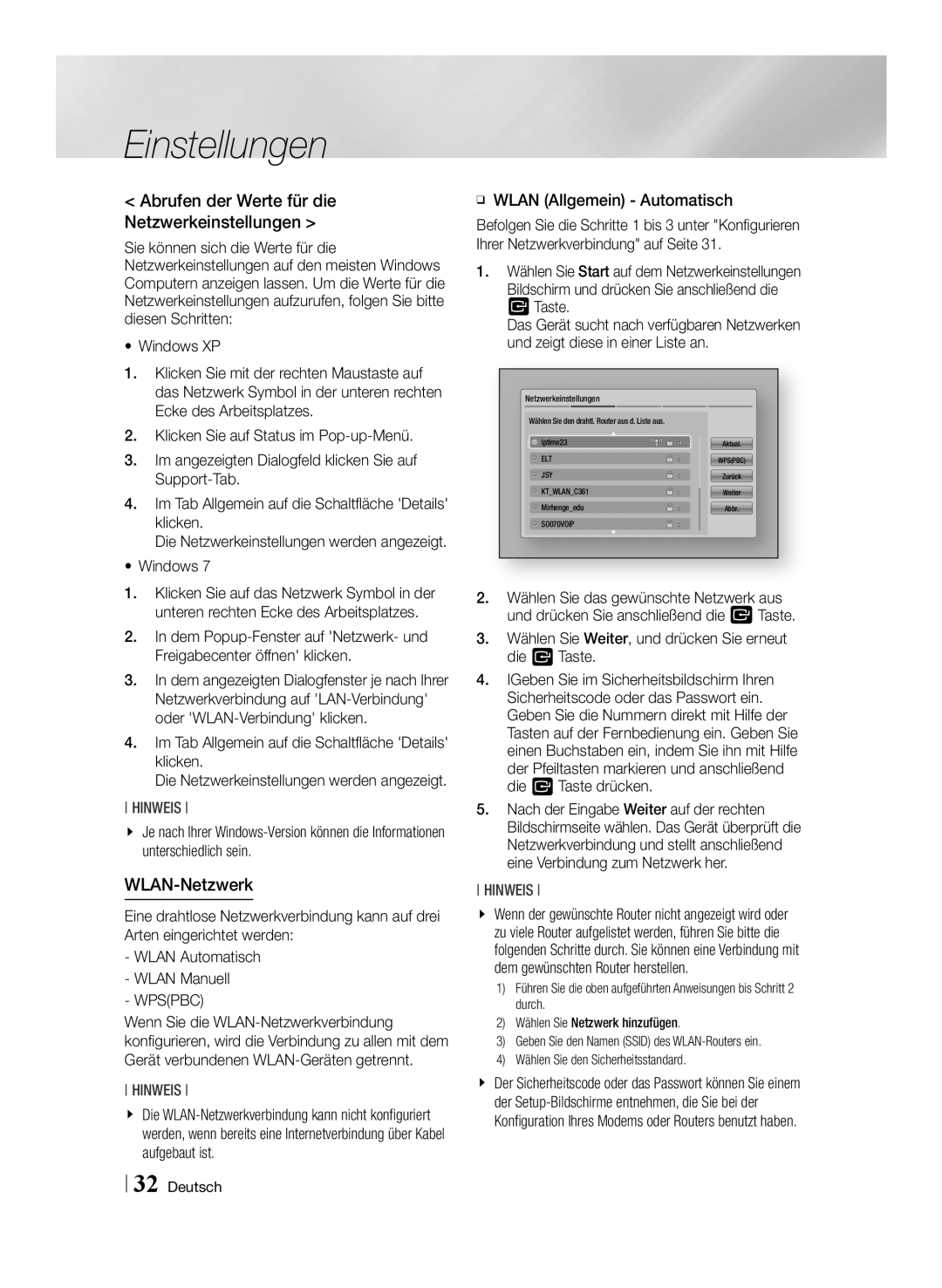 Samsung STB-E7909S/ZG, STB-E7509S/ZG manual Abrufen der Werte für die Netzwerkeinstellungen, WLAN-Netzwerk, Windows, Wpspbc 