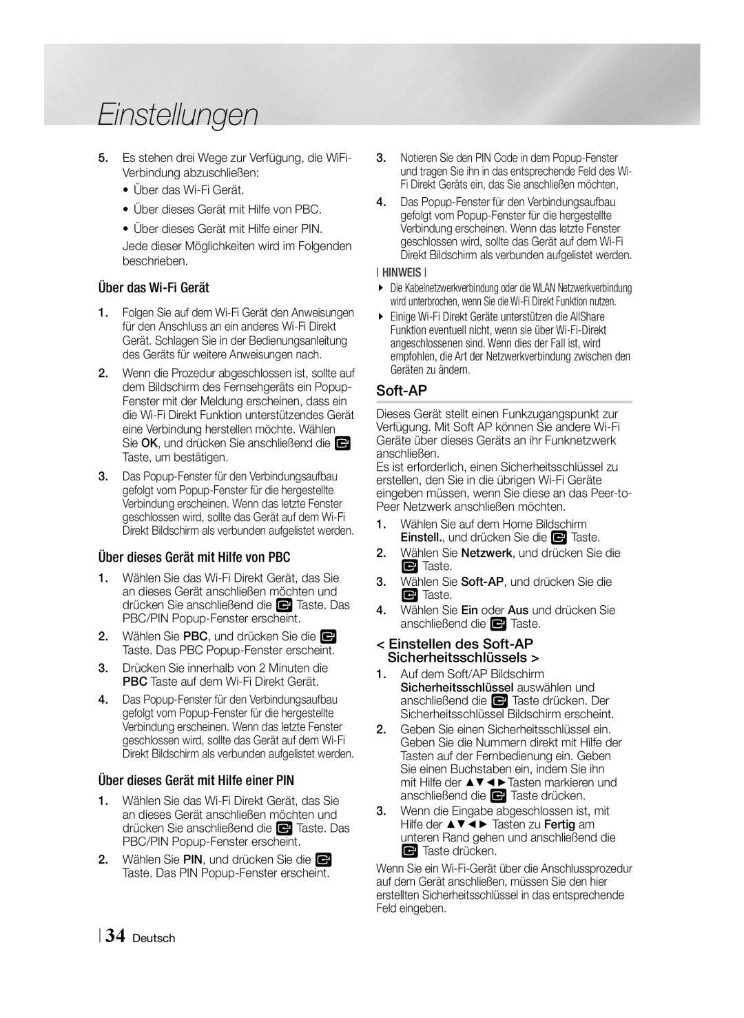 Samsung STB-E7909S/ZG, STB-E7509S/ZG manual Soft-AP, Über das Wi-Fi Gerät, Über dieses Gerät mit Hilfe von PBC 