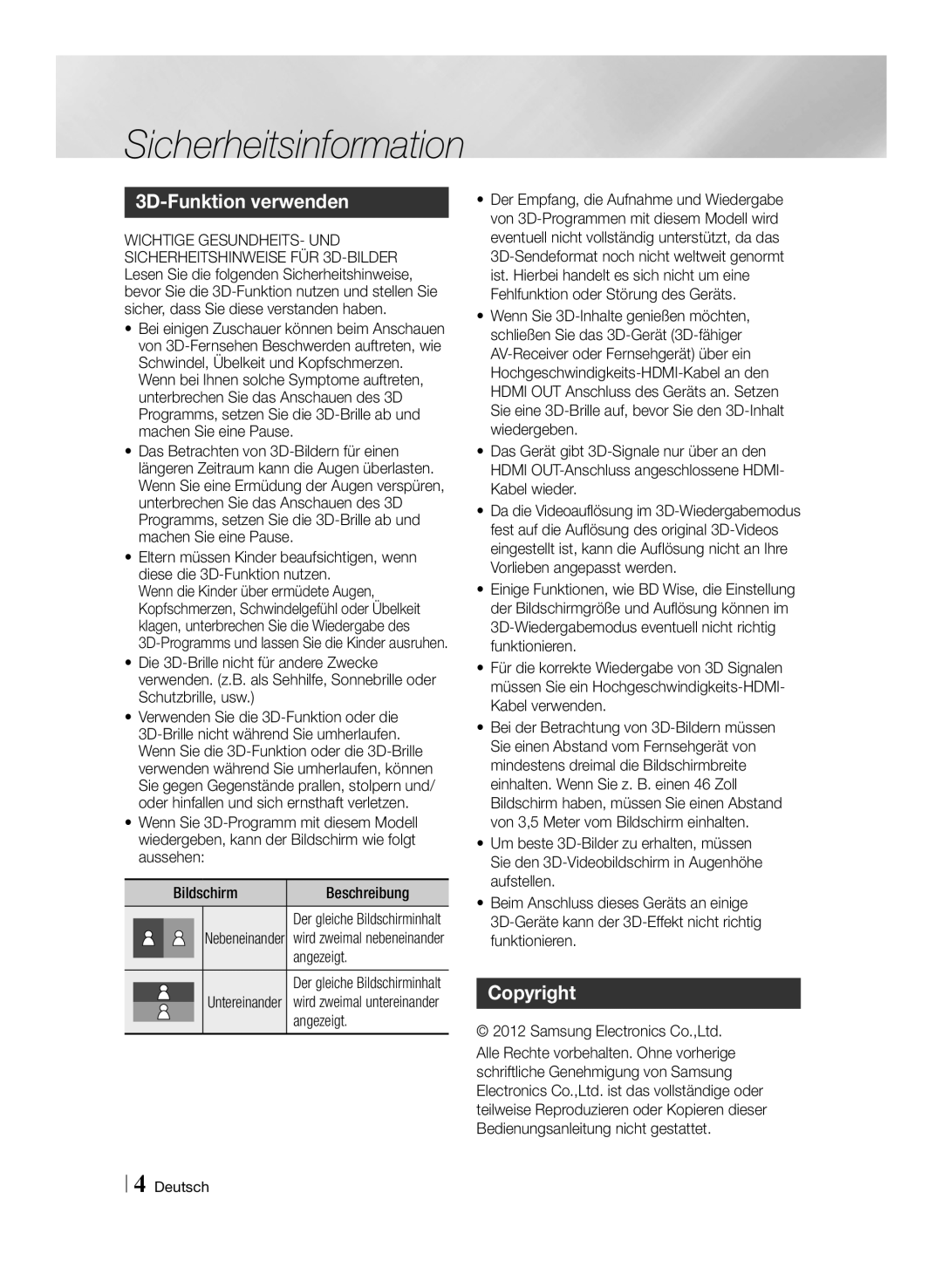 Samsung STB-E7909S/ZG, STB-E7509S/ZG manual 3D-Funktion verwenden, Copyright, Angezeigt 