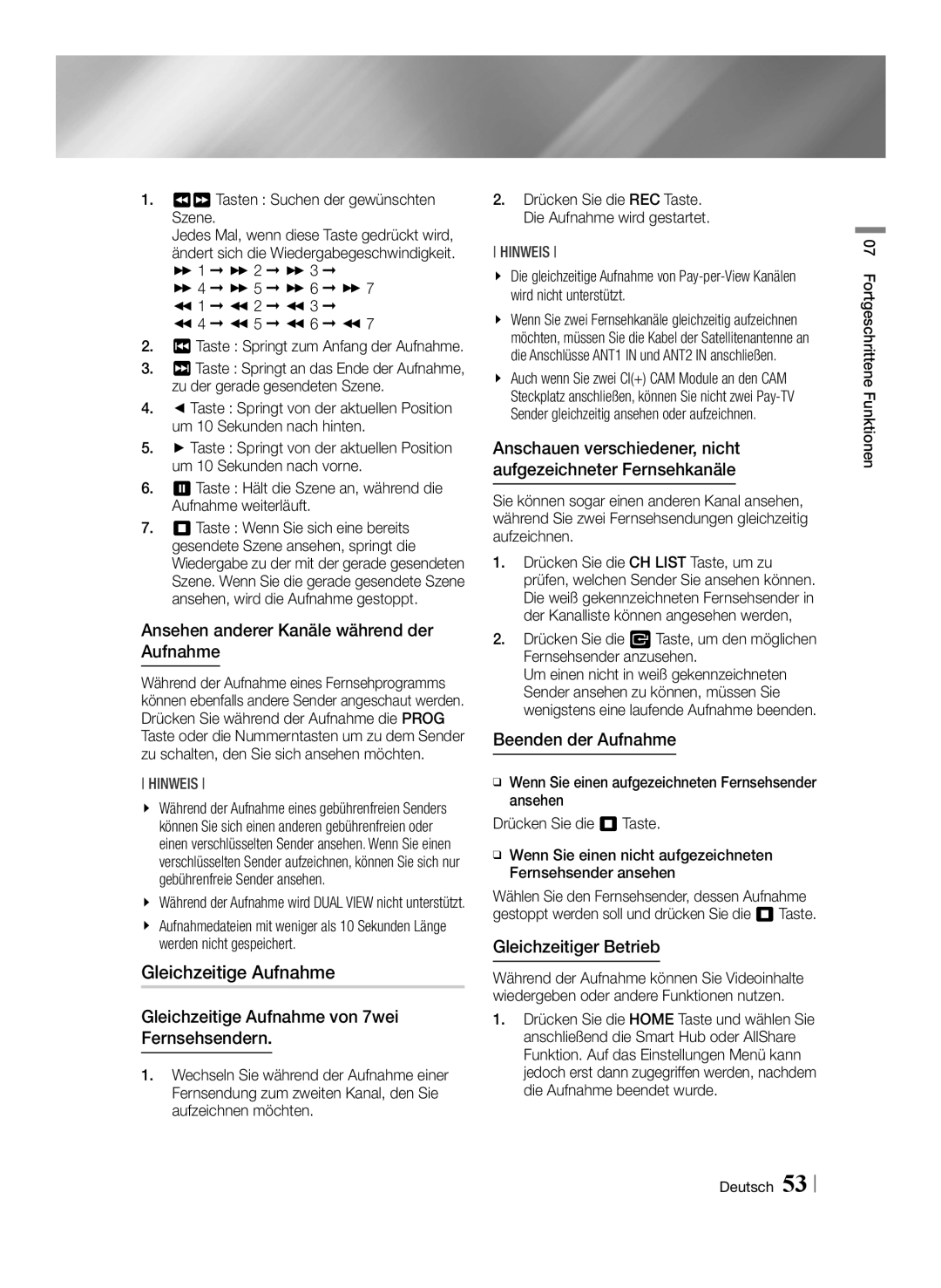 Samsung STB-E7509S/ZG manual Gleichzeitige Aufnahme, Ansehen anderer Kanäle während der Aufnahme, Gleichzeitiger Betrieb 