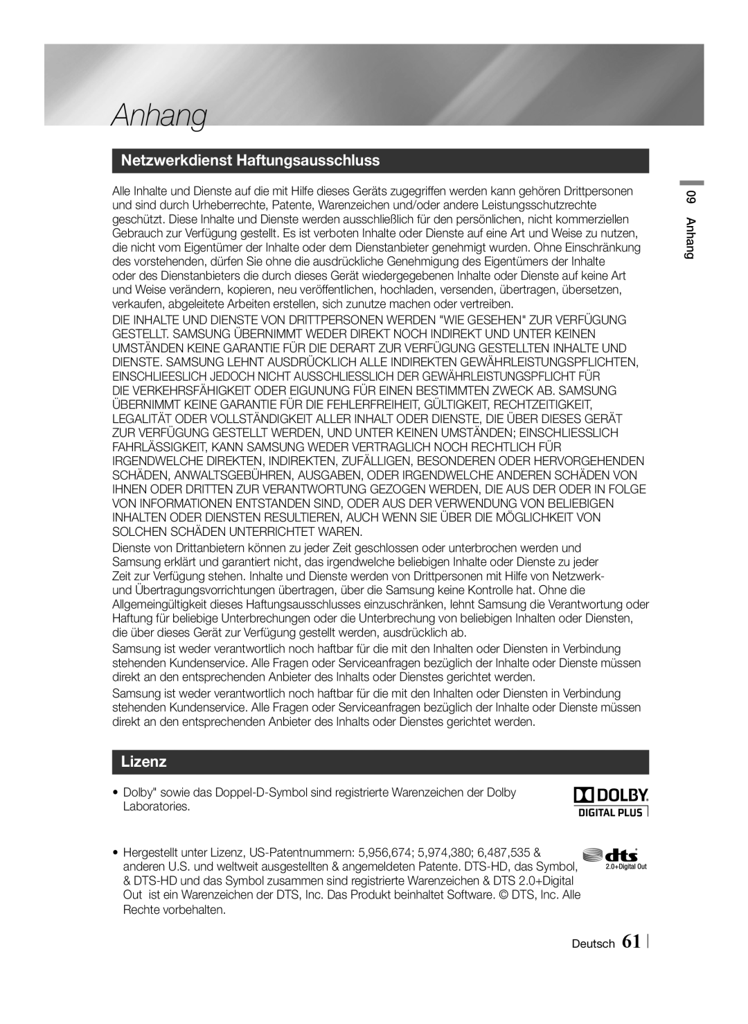 Samsung STB-E7509S/ZG, STB-E7909S/ZG manual Netzwerkdienst Haftungsausschluss, Lizenz, Anhang Deutsch 