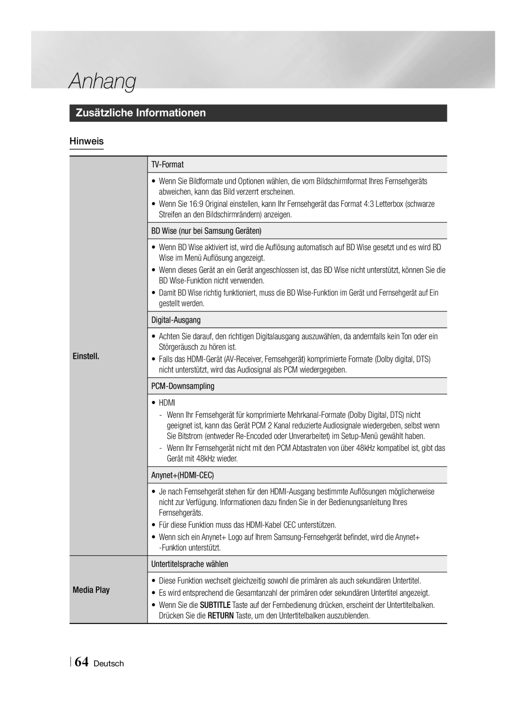 Samsung STB-E7909S/ZG, STB-E7509S/ZG manual Zusätzliche Informationen, Hinweis, Hdmi 