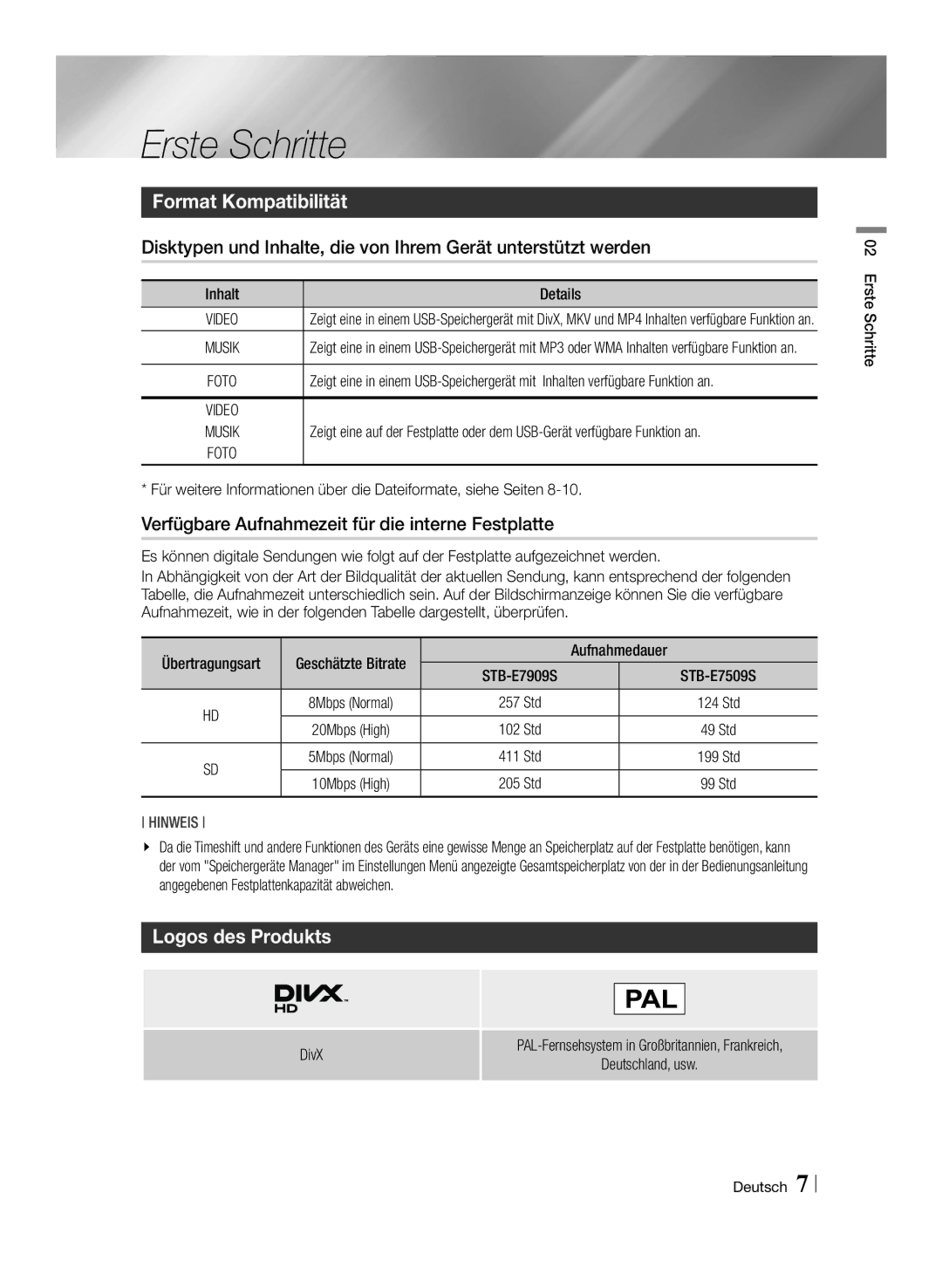 Samsung STB-E7509S/ZG manual Erste Schritte, Format Kompatibilität, Verfügbare Aufnahmezeit für die interne Festplatte 