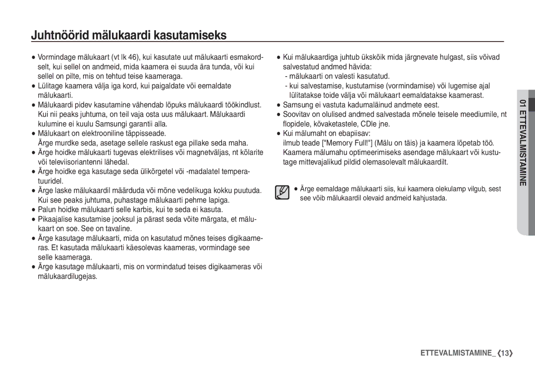 Samsung STC-S1050B manual Juhtnöörid mälukaardi kasutamiseks 