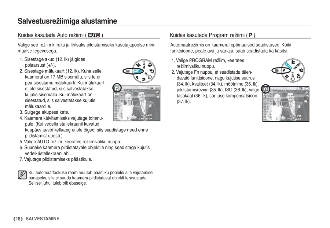 Samsung STC-S1050B manual Salvestusrežiimiga alustamine, Kuidas kasutada Auto režiimi μ, Kuidas kasutada Program režiimi 