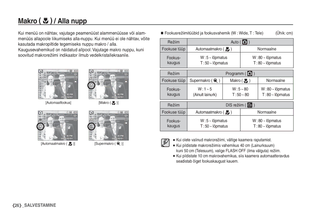 Samsung STC-S1050B manual Makro e / Alla nupp, Auto Š, Supermakro Makro e, DIS režiim ÿ 