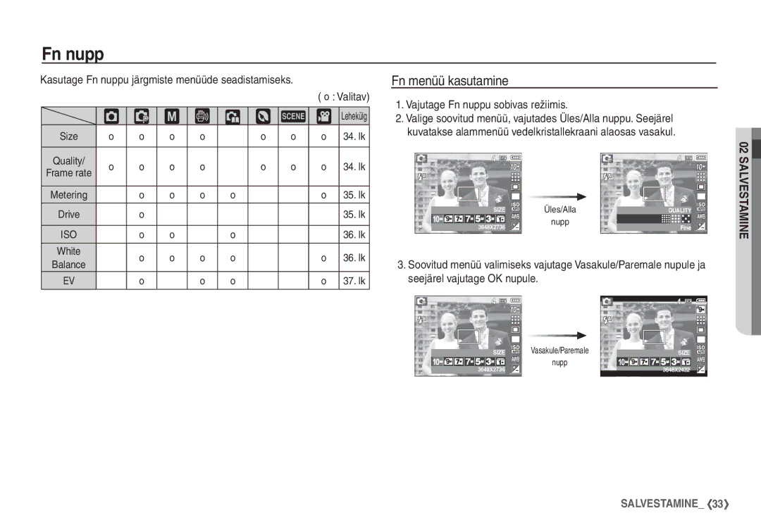 Samsung STC-S1050B manual ‰ ÿ, Fn menüü kasutamine, Kasutage Fn nuppu järgmiste menüüde seadistamiseks Valitav 