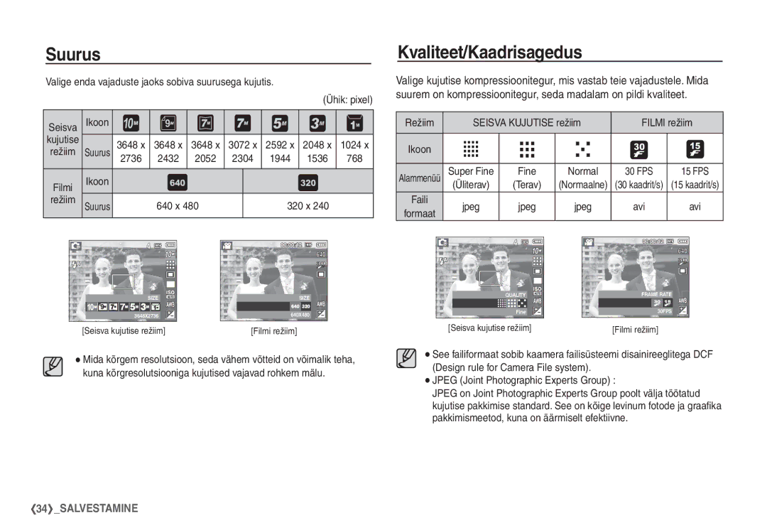 Samsung STC-S1050B manual Suurus, Kvaliteet/Kaadrisagedus 