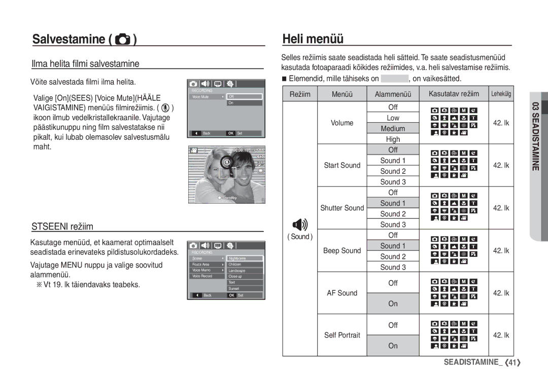 Samsung STC-S1050B manual Heli menüü, Stseeni režiim, Võite salvestada ﬁlmi ilma helita, On vaikesätted 