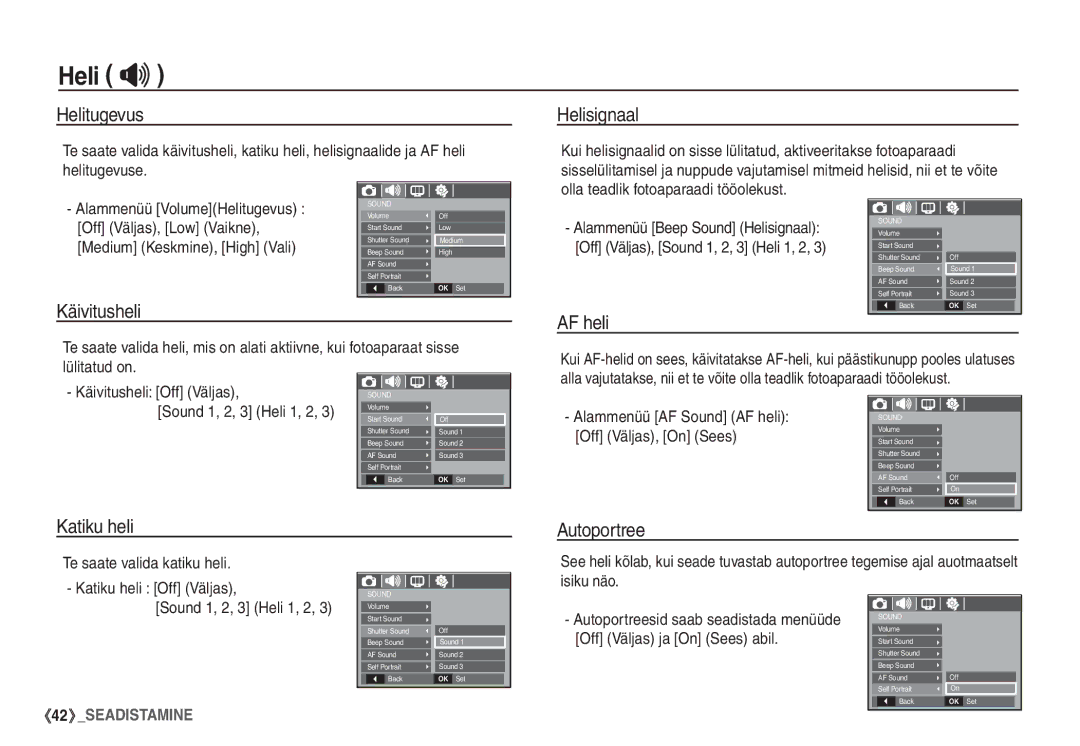 Samsung STC-S1050B manual Heli , Helitugevus, Helisignaal, Käivitusheli AF heli, Katiku heli Autoportree 