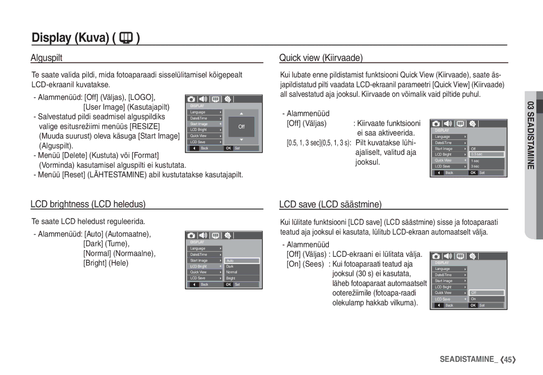 Samsung STC-S1050B manual Alguspilt, Quick view Kiirvaade, LCD brightness LCD heledus LCD save LCD säästmine 