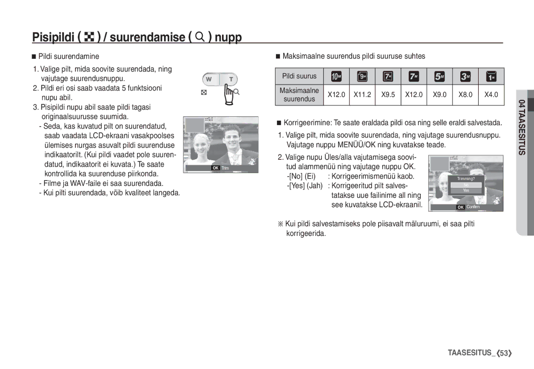 Samsung STC-S1050B manual Pisipildi º / suurendamise í nupp 