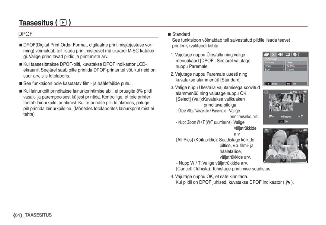 Samsung STC-S1050B manual Menüükaart DPOF. Seejärel vajutage, Printimiseks pilt, Väljatrükkide Arv, Piltide, v.a. filmi- ja 