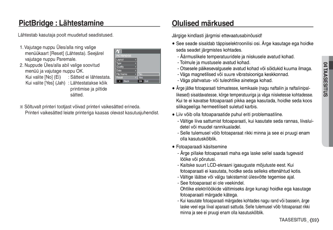 Samsung STC-S1050B manual PictBridge Lähtestamine Olulised märkused, Kui valite No Ei, Sätted, Printimise ja piltide 