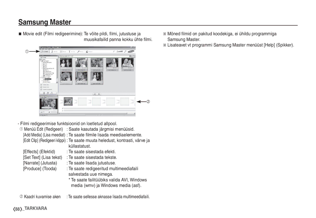 Samsung STC-S1050B manual Filmi redigeerimise funktsioonid on loetletud allpool, Küllastatust, Te saate sisestada tekste 