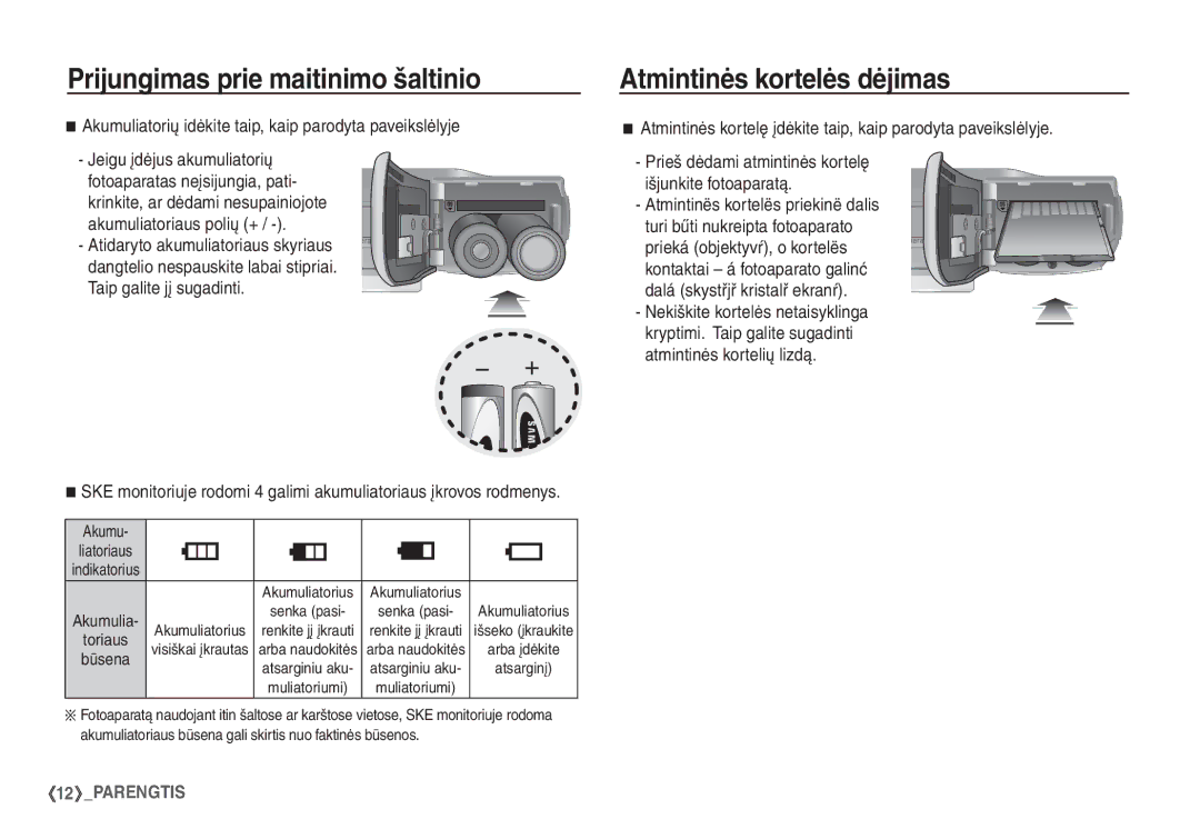 Samsung STC-S1050B manual Atmintinės kortelės dėjimas, Akumuliatorių idėkite taip, kaip parodyta paveikslėlyje 