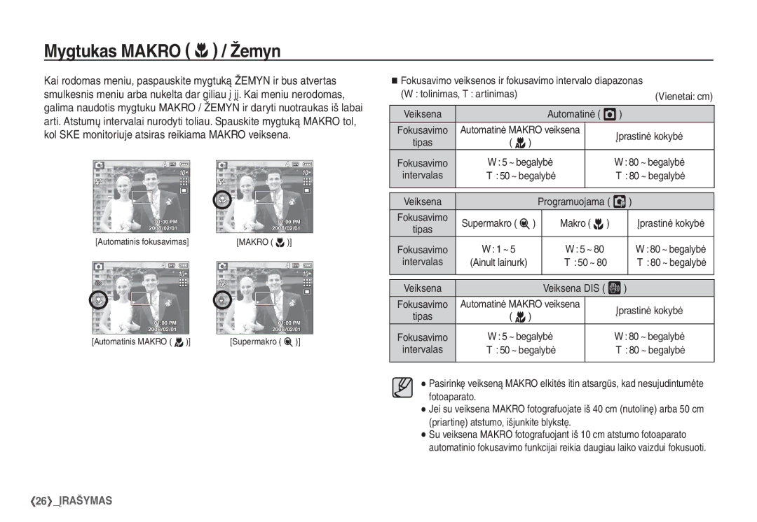 Samsung STC-S1050B manual Mygtukas Makro e / Žemyn, Automatinė Š, Supermakro Makro e, Veiksena DIS ÿ 