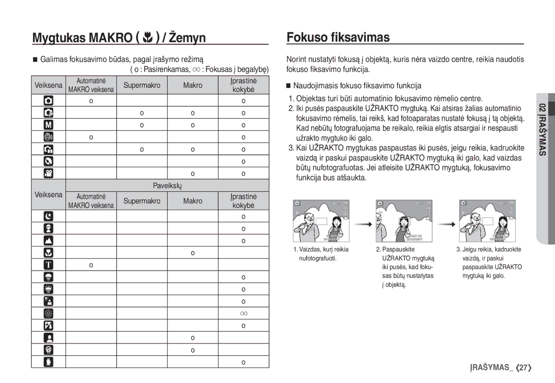 Samsung STC-S1050B manual Fokuso ﬁksavimas, Užrakto mygtuko iki galo, Funkcija bus atšaukta 