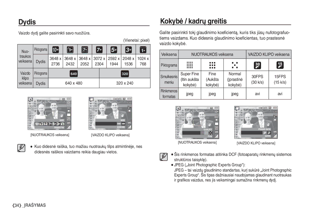 Samsung STC-S1050B manual Dydis, Kokybė / kadrų greitis 