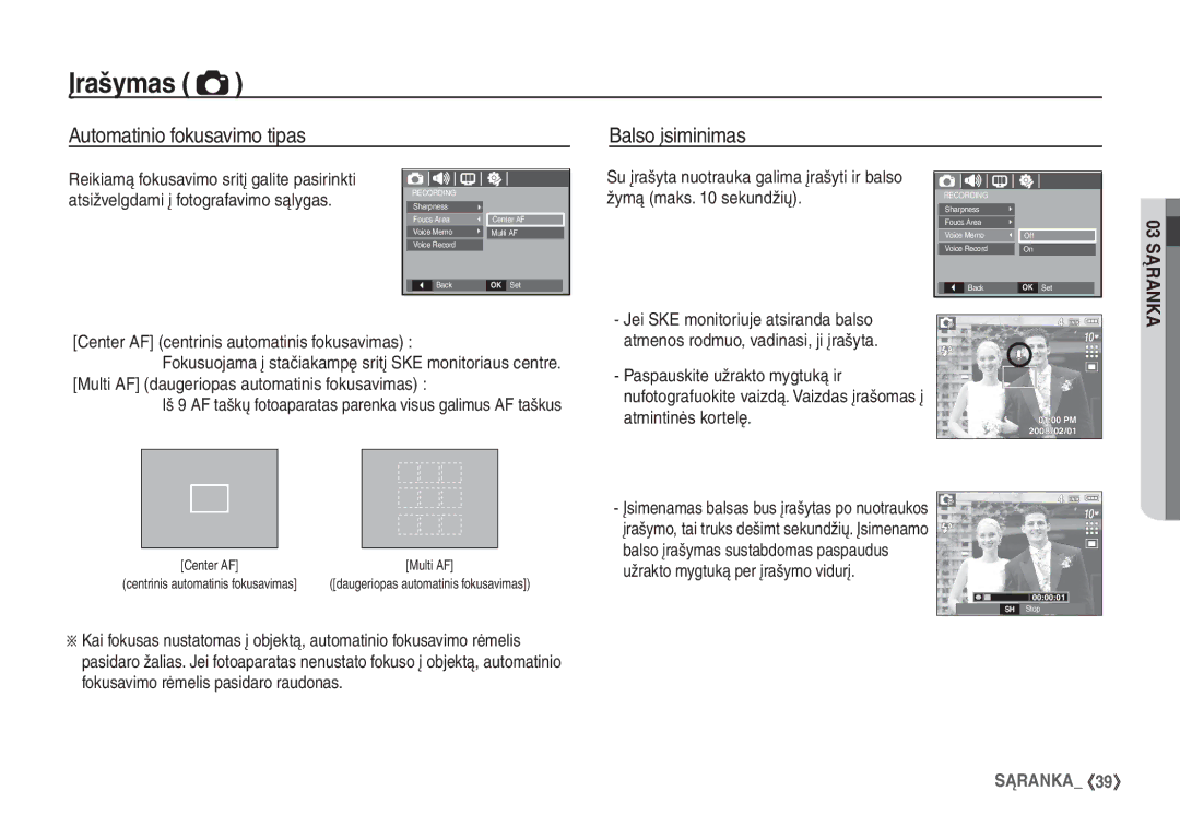 Samsung STC-S1050B manual Automatinio fokusavimo tipas Balso įsiminimas, Center AF centrinis automatinis fokusavimas 