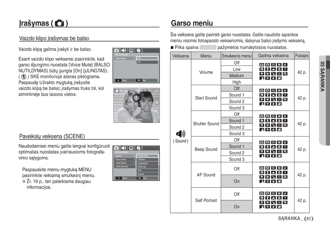 Samsung STC-S1050B manual Garso meniu, Paveikslų veiksena Scene, Vaizdo klipą galima įrašyti ir be balso 