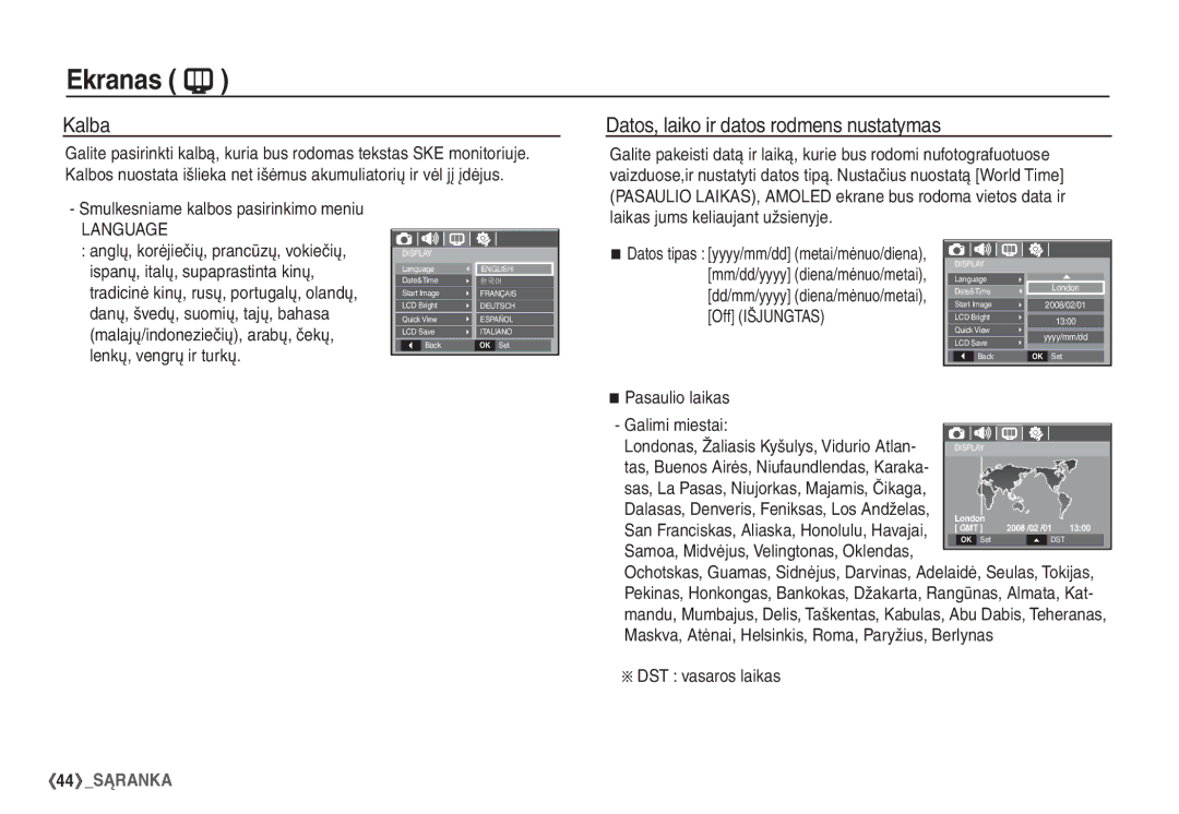 Samsung STC-S1050B manual Ekranas, Kalba Datos, laiko ir datos rodmens nustatymas 