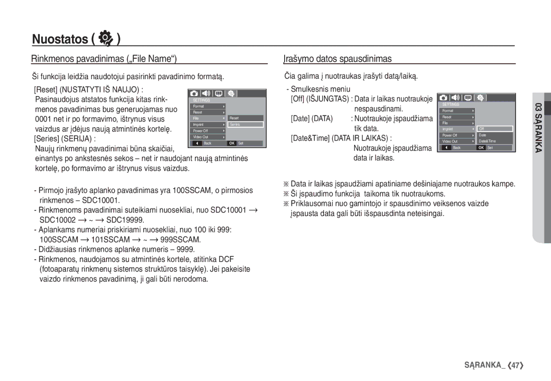 Samsung STC-S1050B Rinkmenos pavadinimas „File Name Įrašymo datos spausdinimas, Naujų rinkmenų pavadinimai būna skaičiai 