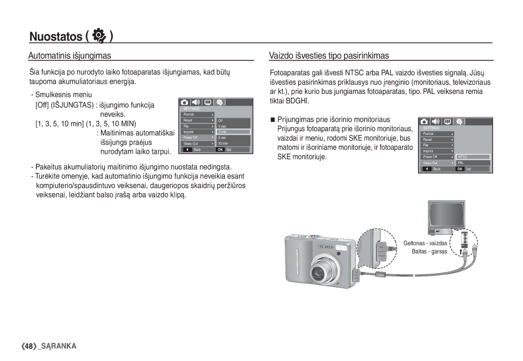 Samsung STC-S1050B manual Automatinis išjungimas, Vaizdo išvesties tipo pasirinkimas 