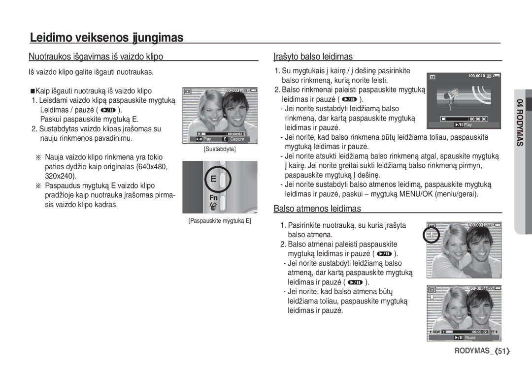 Samsung STC-S1050B manual Nuotraukos išgavimas iš vaizdo klipo, Įrašyto balso leidimas, Balso atmenos leidimas 