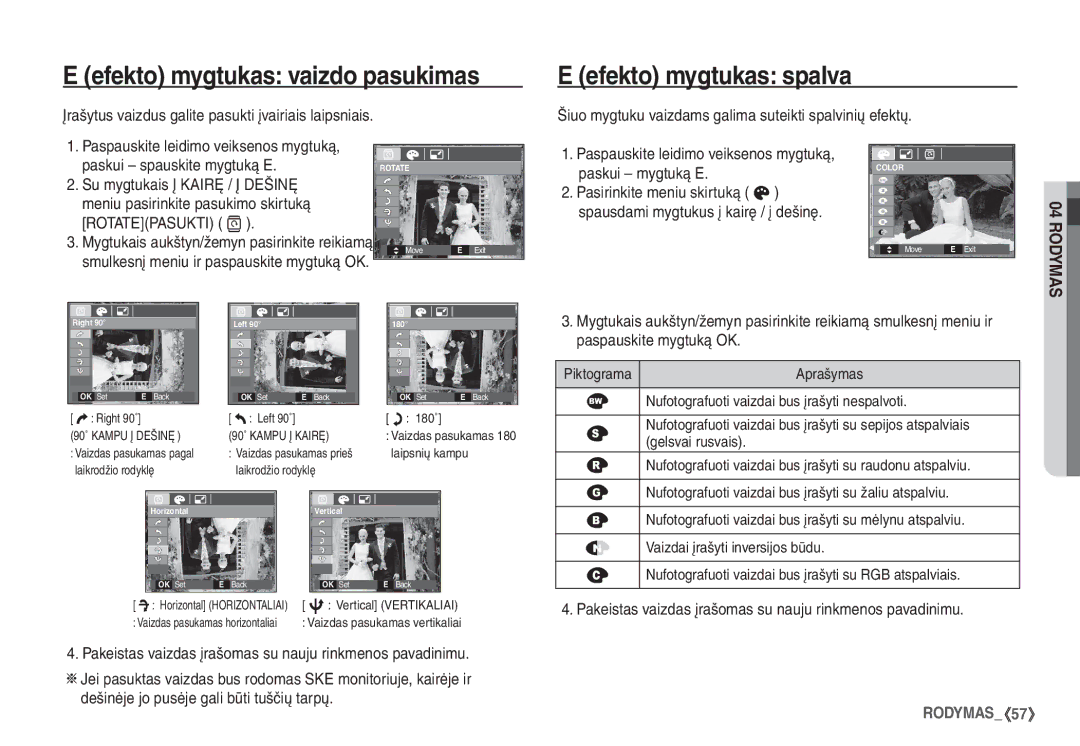 Samsung STC-S1050B manual Efekto mygtukas vaizdo pasukimas, Efekto mygtukas spalva 