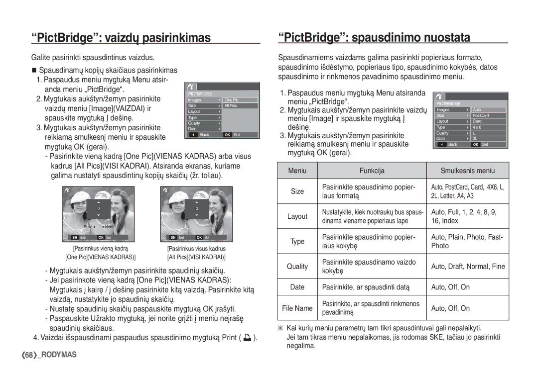 Samsung STC-S1050B manual PictBridge vaizdų pasirinkimas, PictBridge spausdinimo nuostata, Anda meniu „PictBridge 