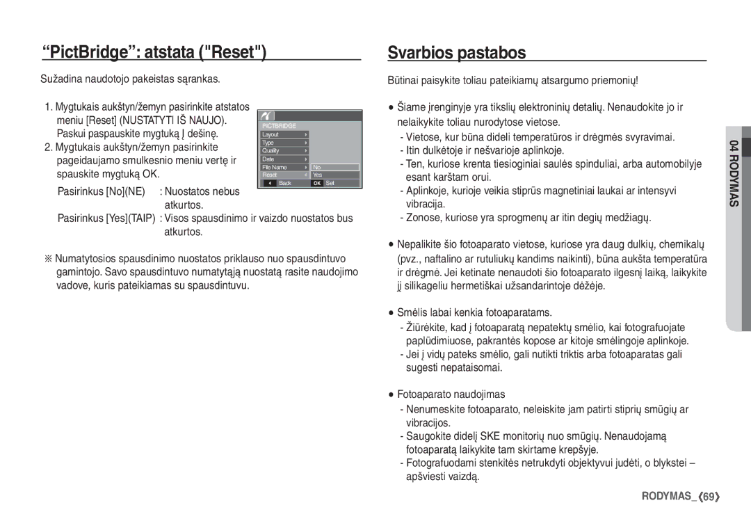 Samsung STC-S1050B manual PictBridge atstata Reset, Svarbios pastabos 