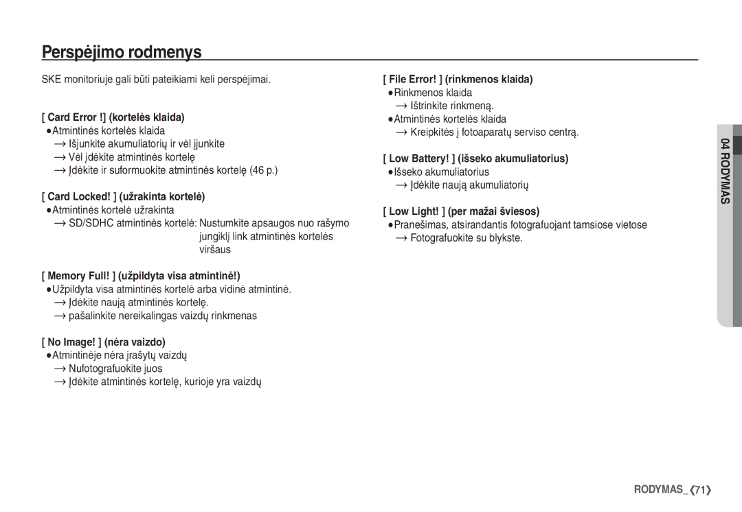 Samsung STC-S1050B manual Perspėjimo rodmenys 