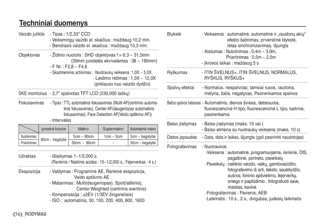 Samsung STC-S1050B manual Techniniai duomenys 